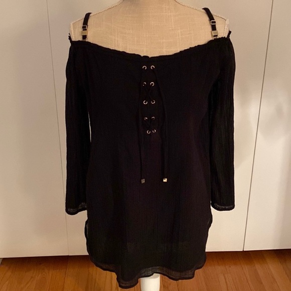 Calvin Klein Off the Shoulder Black and Gold Blouse with Lace Up Detail - Picture 3 of 16